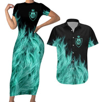 Darts Board Couples Matching Short Sleeve Bodycon Dress and Hawaiian Shirt with Flaming Green Smoke and Crest Emblem on Black Gradient Background - Wonder Print Shop