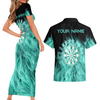 Darts Board Couples Matching Short Sleeve Bodycon Dress and Hawaiian Shirt with Flaming Green Smoke and Crest Emblem on Black Gradient Background - Wonder Print Shop