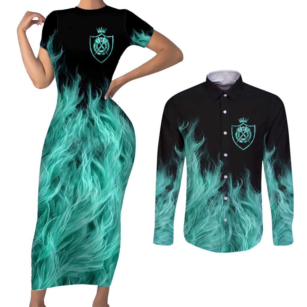 Darts Board Couples Matching Short Sleeve Bodycon Dress and Long Sleeve Button Shirt with Flaming Green Smoke and Crest Emblem on Black Gradient Background - Wonder Print Shop