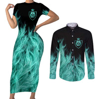 Darts Board Couples Matching Short Sleeve Bodycon Dress and Long Sleeve Button Shirt with Flaming Green Smoke and Crest Emblem on Black Gradient Background - Wonder Print Shop