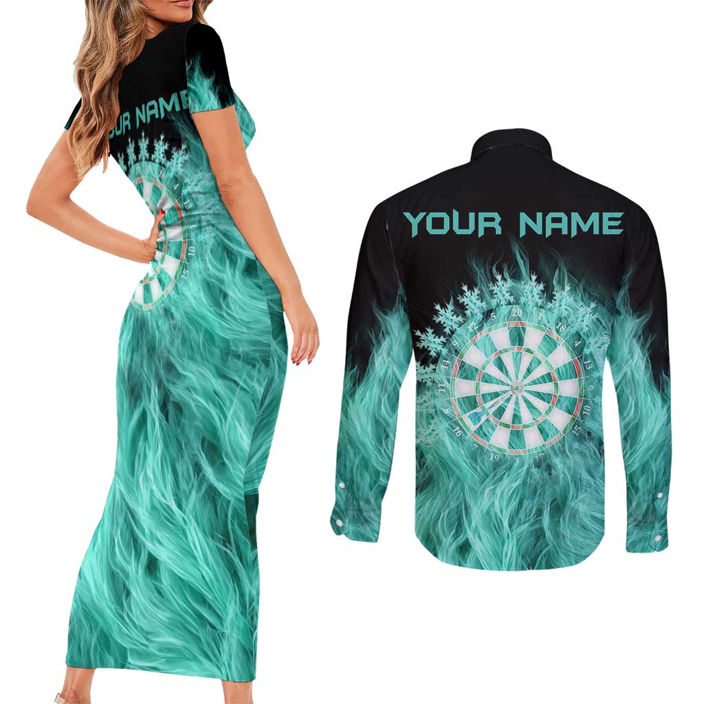 Darts Board Couples Matching Short Sleeve Bodycon Dress and Long Sleeve Button Shirt with Flaming Green Smoke and Crest Emblem on Black Gradient Background - Wonder Print Shop