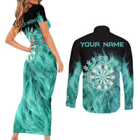 Darts Board Couples Matching Short Sleeve Bodycon Dress and Long Sleeve Button Shirt with Flaming Green Smoke and Crest Emblem on Black Gradient Background - Wonder Print Shop