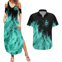 Darts Board Couples Matching Summer Maxi Dress and Hawaiian Shirt with Flaming Green Smoke and Crest Emblem on Black Gradient Background - Wonder Print Shop