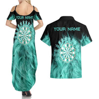Darts Board Couples Matching Summer Maxi Dress and Hawaiian Shirt with Flaming Green Smoke and Crest Emblem on Black Gradient Background - Wonder Print Shop