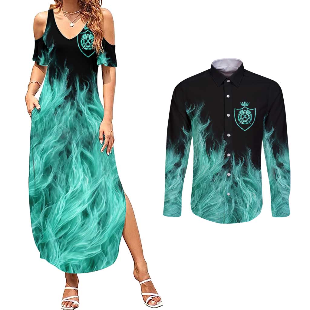 Darts Board Couples Matching Summer Maxi Dress and Long Sleeve Button Shirt with Flaming Green Smoke and Crest Emblem on Black Gradient Background - Wonder Print Shop