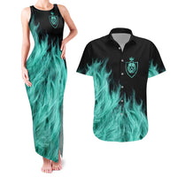 Darts Board Couples Matching Tank Maxi Dress and Hawaiian Shirt with Flaming Green Smoke and Crest Emblem on Black Gradient Background - Wonder Print Shop
