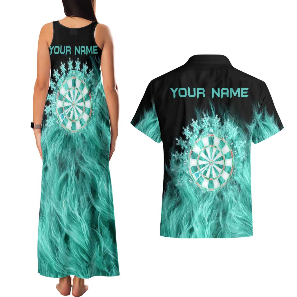 Darts Board Couples Matching Tank Maxi Dress and Hawaiian Shirt with Flaming Green Smoke and Crest Emblem on Black Gradient Background - Wonder Print Shop