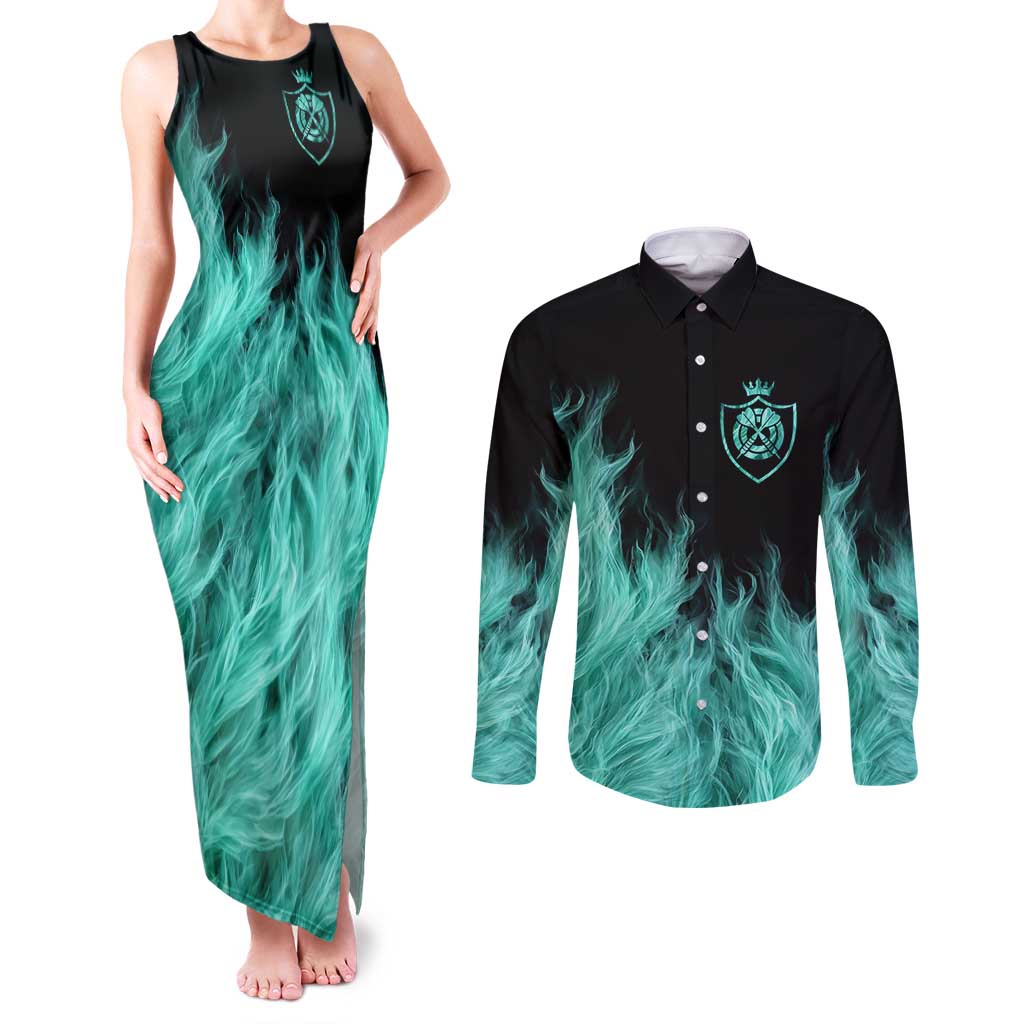 Darts Board Couples Matching Tank Maxi Dress and Long Sleeve Button Shirt with Flaming Green Smoke and Crest Emblem on Black Gradient Background - Wonder Print Shop