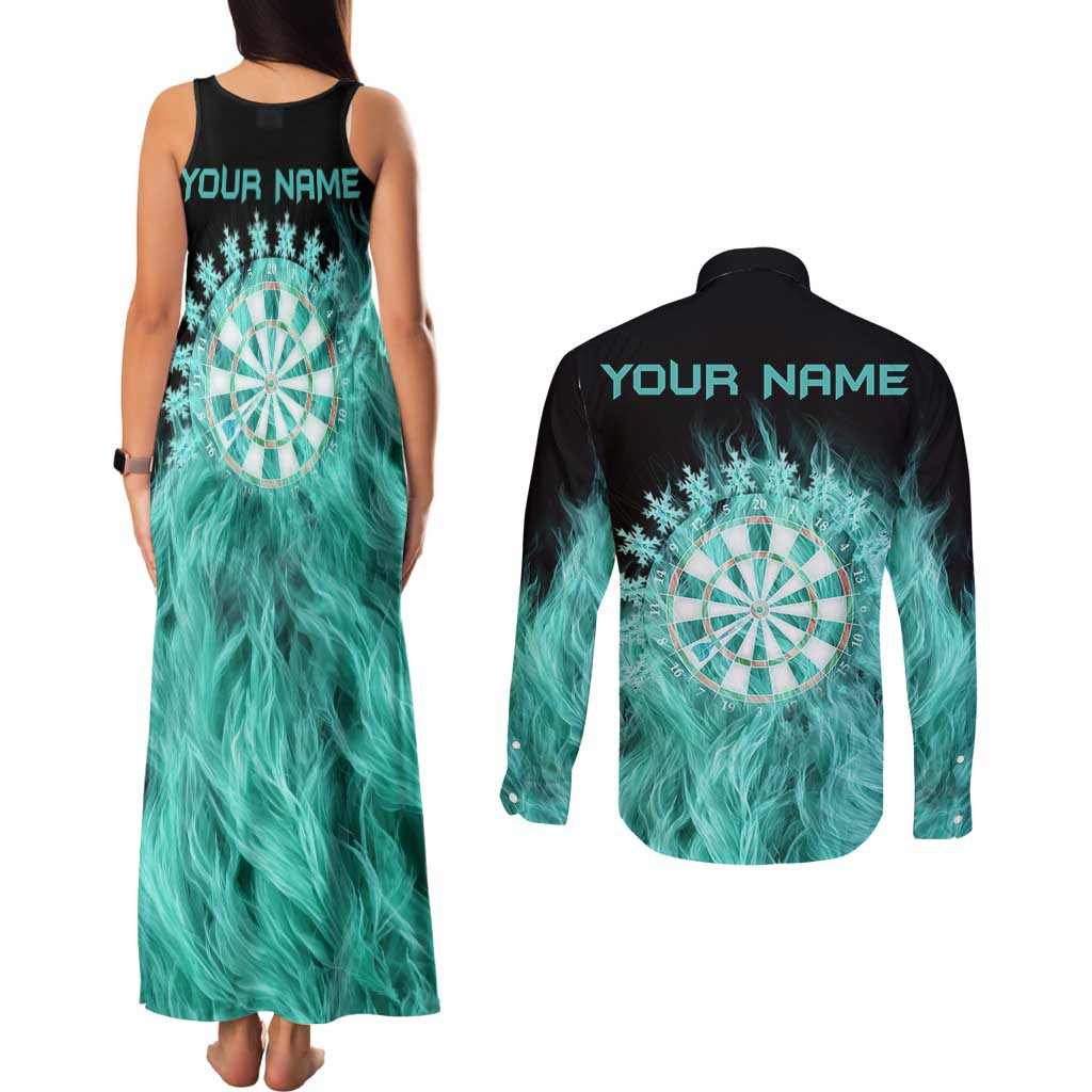 Darts Board Couples Matching Tank Maxi Dress and Long Sleeve Button Shirt with Flaming Green Smoke and Crest Emblem on Black Gradient Background - Wonder Print Shop