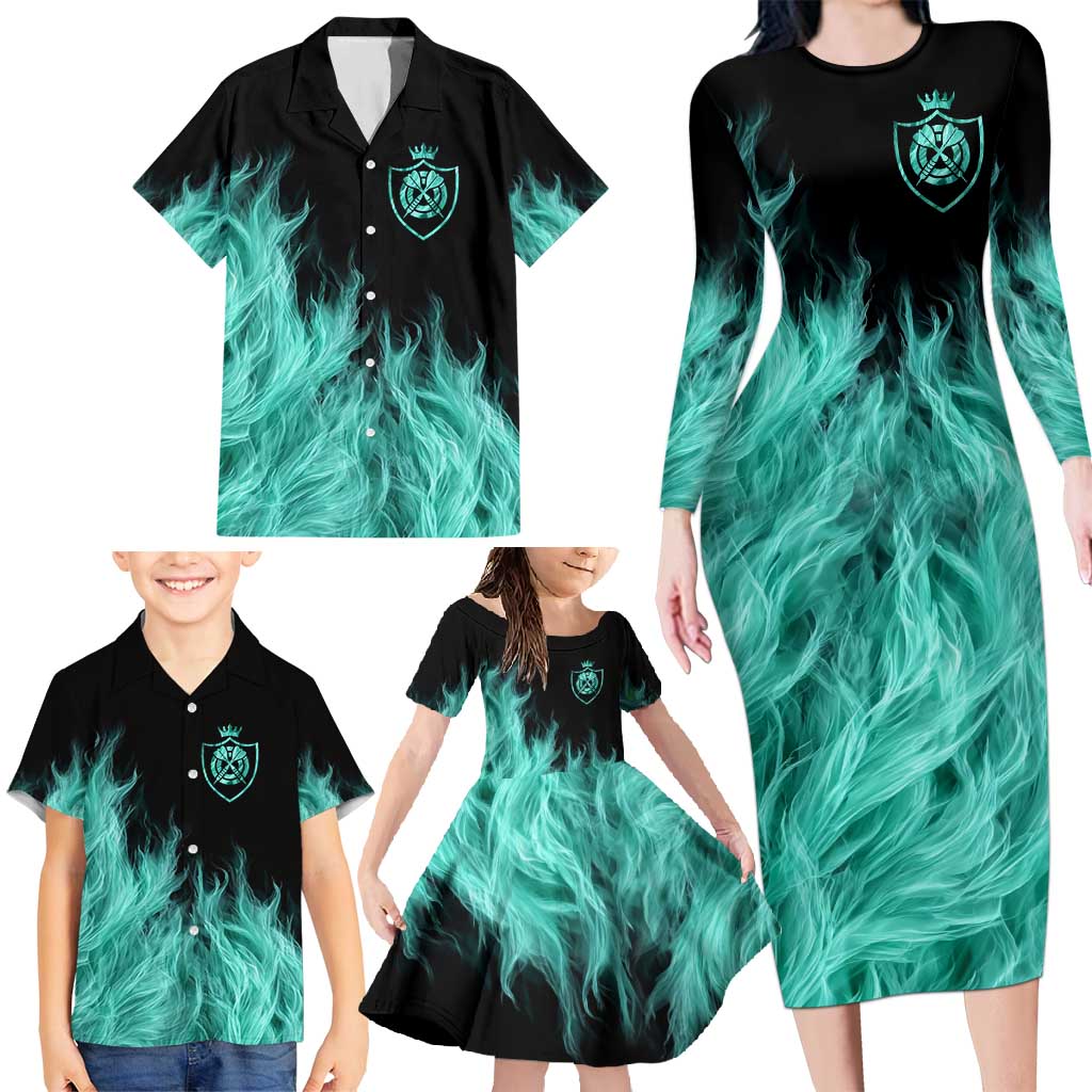 Darts Board Family Matching Long Sleeve Bodycon Dress and Hawaiian Shirt with Flaming Green Smoke and Crest Emblem on Black Gradient Background - Wonder Print Shop