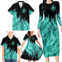 Darts Board Family Matching Long Sleeve Bodycon Dress and Hawaiian Shirt with Flaming Green Smoke and Crest Emblem on Black Gradient Background - Wonder Print Shop