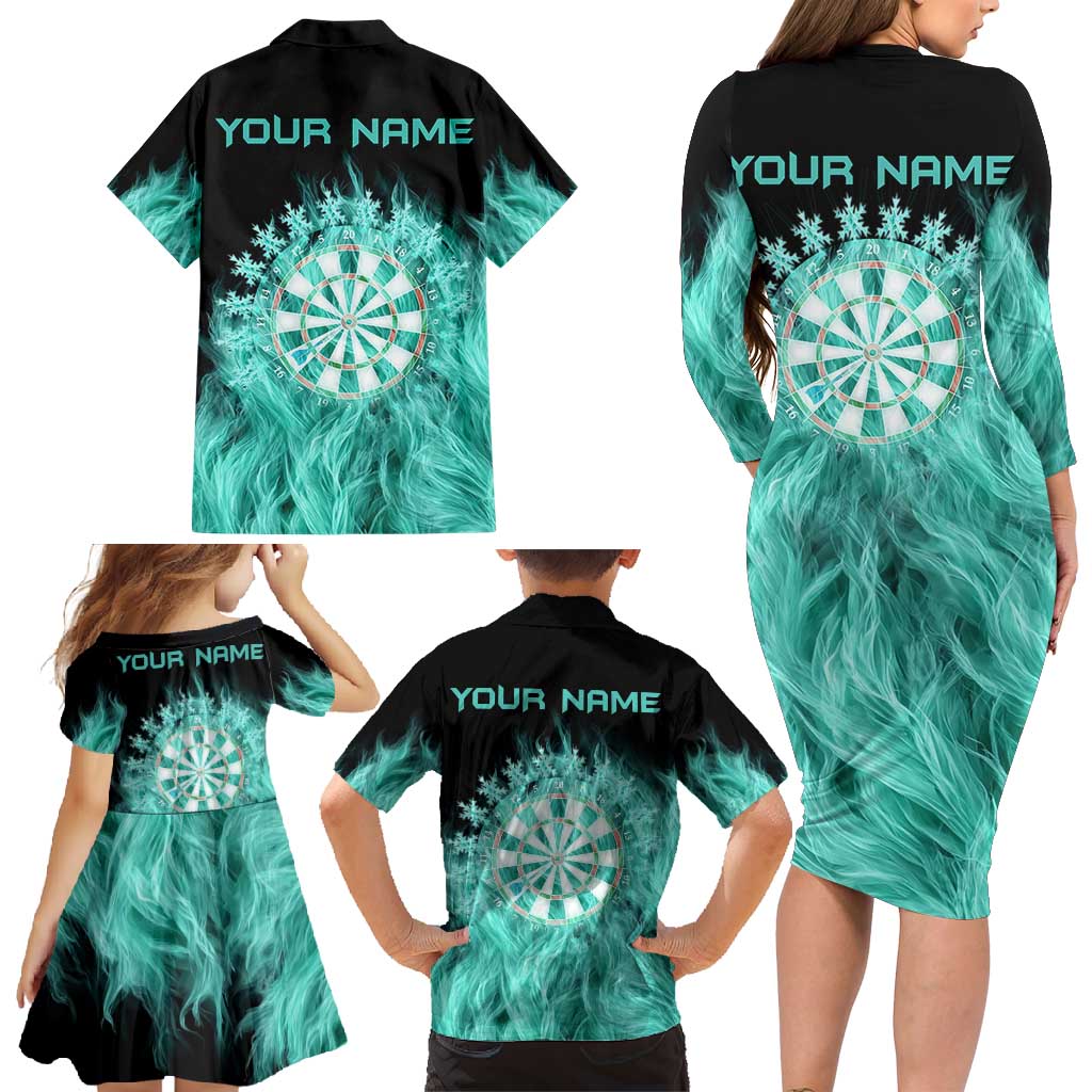 Darts Board Family Matching Long Sleeve Bodycon Dress and Hawaiian Shirt with Flaming Green Smoke and Crest Emblem on Black Gradient Background - Wonder Print Shop