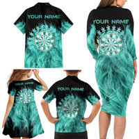 Darts Board Family Matching Long Sleeve Bodycon Dress and Hawaiian Shirt with Flaming Green Smoke and Crest Emblem on Black Gradient Background - Wonder Print Shop