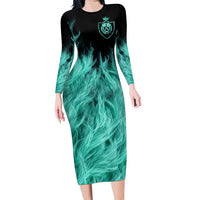 Darts Board Family Matching Long Sleeve Bodycon Dress and Hawaiian Shirt with Flaming Green Smoke and Crest Emblem on Black Gradient Background - Wonder Print Shop