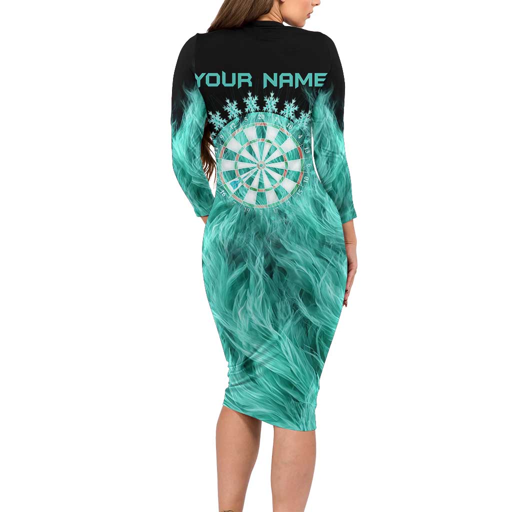 Darts Board Family Matching Long Sleeve Bodycon Dress and Hawaiian Shirt with Flaming Green Smoke and Crest Emblem on Black Gradient Background - Wonder Print Shop