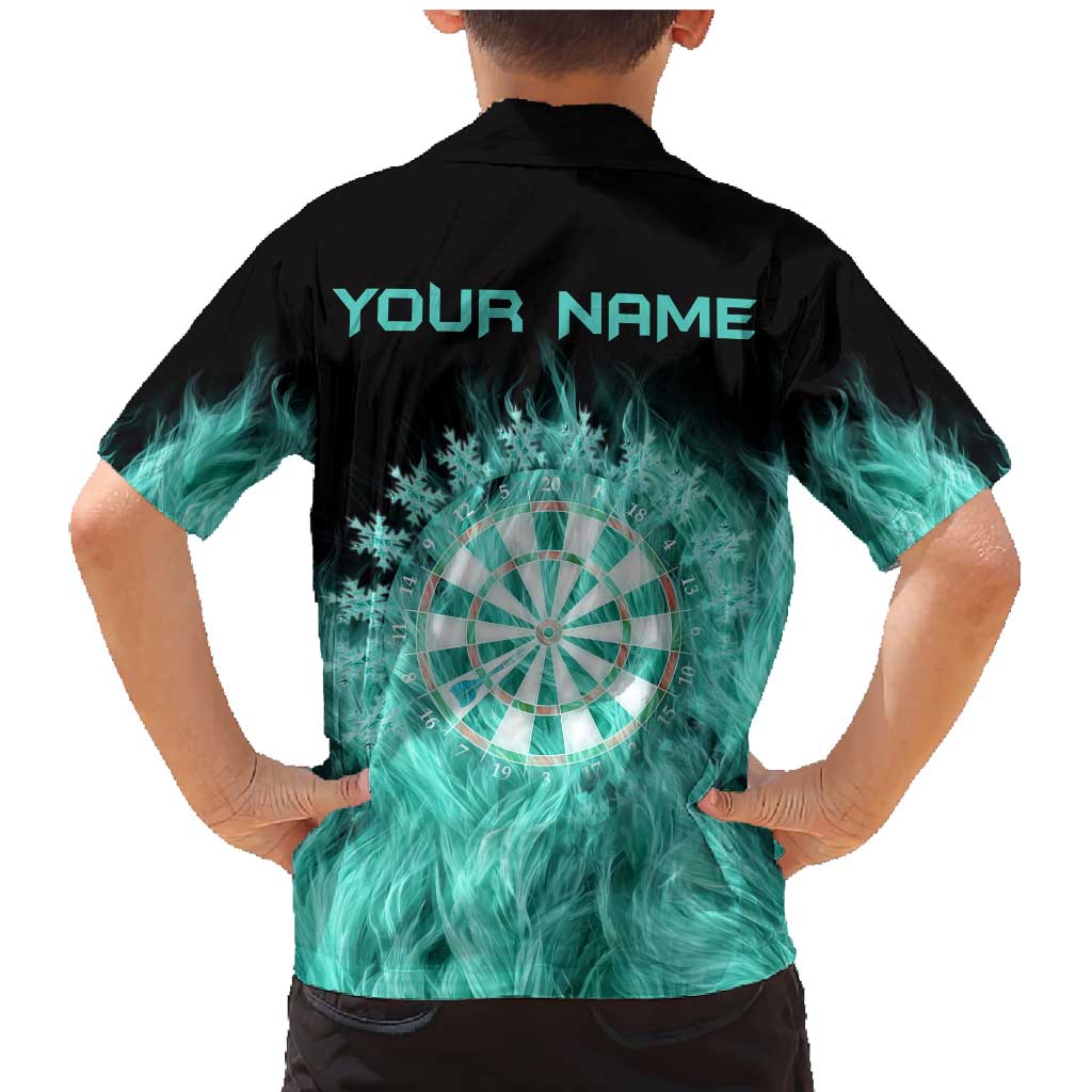 Darts Board Family Matching Mermaid Dress and Hawaiian Shirt with Flaming Green Smoke and Crest Emblem on Black Gradient Background - Wonder Print Shop
