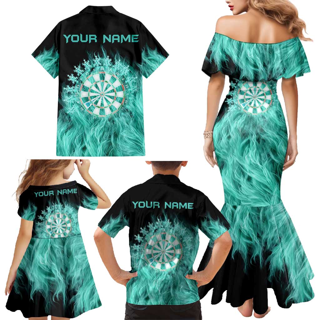 Darts Board Family Matching Mermaid Dress and Hawaiian Shirt with Flaming Green Smoke and Crest Emblem on Black Gradient Background - Wonder Print Shop