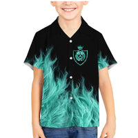 Darts Board Family Matching Mermaid Dress and Hawaiian Shirt with Flaming Green Smoke and Crest Emblem on Black Gradient Background - Wonder Print Shop