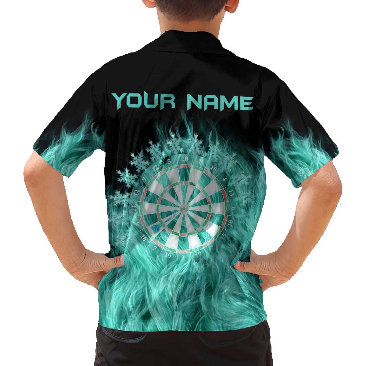 Darts Board Family Matching Off The Shoulder Long Sleeve Dress and Hawaiian Shirt with Flaming Green Smoke and Crest Emblem on Black Gradient Background - Wonder Print Shop