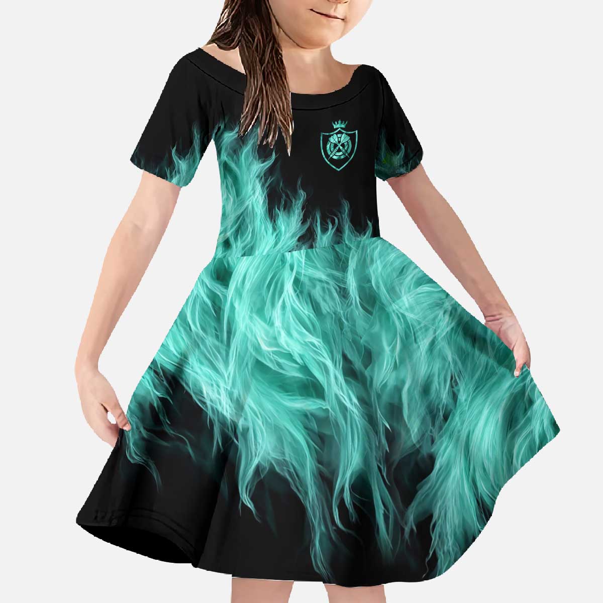 Darts Board Family Matching Off The Shoulder Long Sleeve Dress and Hawaiian Shirt with Flaming Green Smoke and Crest Emblem on Black Gradient Background - Wonder Print Shop