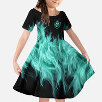Darts Board Family Matching Off The Shoulder Long Sleeve Dress and Hawaiian Shirt with Flaming Green Smoke and Crest Emblem on Black Gradient Background - Wonder Print Shop