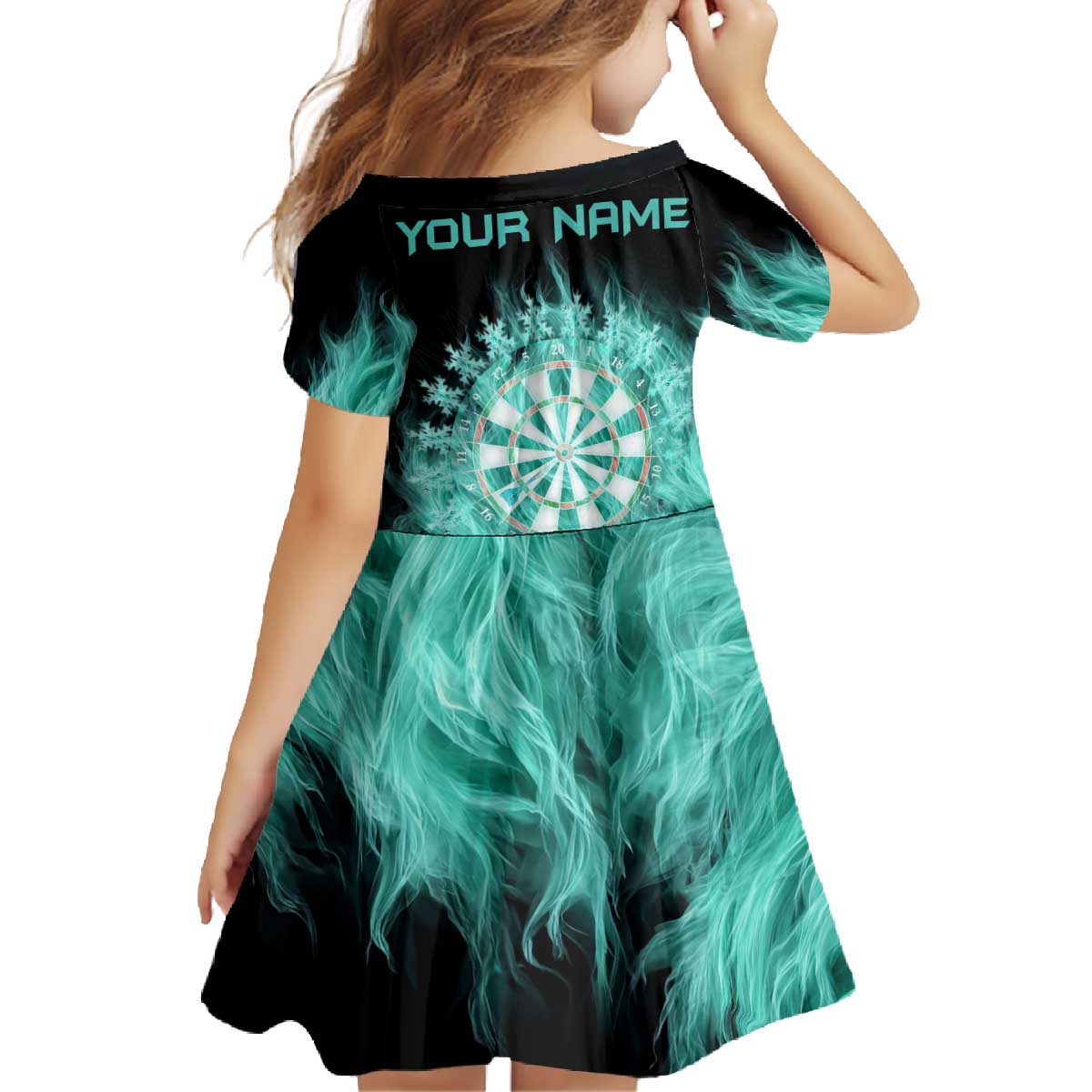 Darts Board Family Matching Off The Shoulder Long Sleeve Dress and Hawaiian Shirt with Flaming Green Smoke and Crest Emblem on Black Gradient Background - Wonder Print Shop