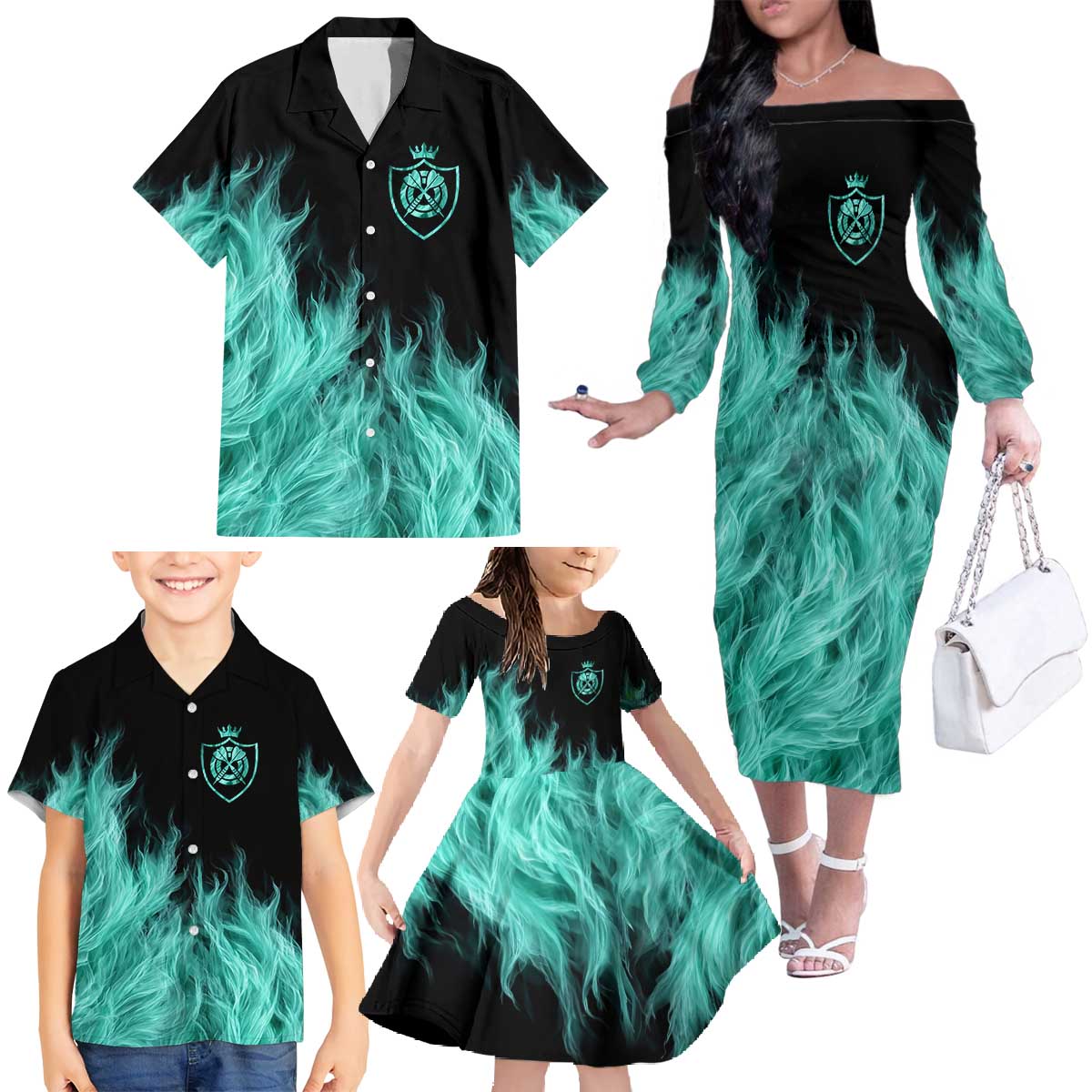 Darts Board Family Matching Off The Shoulder Long Sleeve Dress and Hawaiian Shirt with Flaming Green Smoke and Crest Emblem on Black Gradient Background - Wonder Print Shop