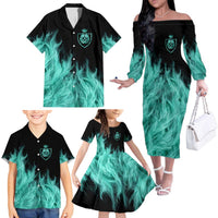 Darts Board Family Matching Off The Shoulder Long Sleeve Dress and Hawaiian Shirt with Flaming Green Smoke and Crest Emblem on Black Gradient Background - Wonder Print Shop