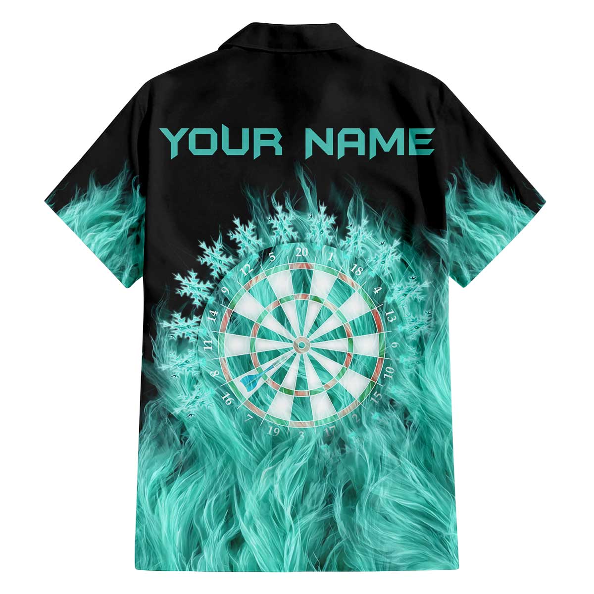 Darts Board Family Matching Off The Shoulder Long Sleeve Dress and Hawaiian Shirt with Flaming Green Smoke and Crest Emblem on Black Gradient Background - Wonder Print Shop