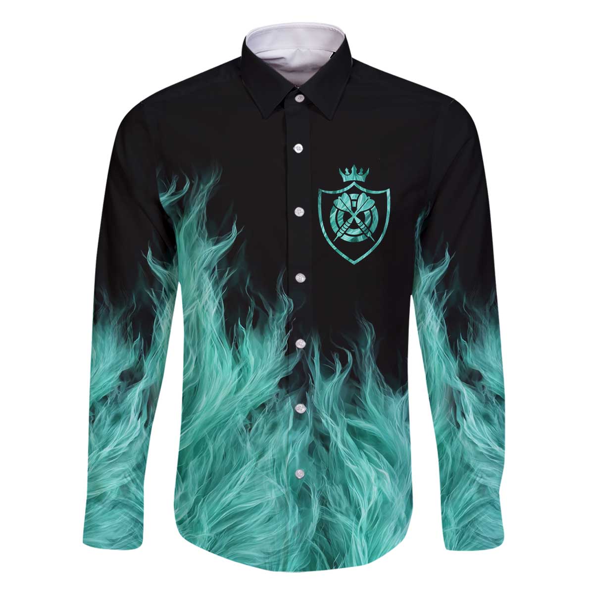 Darts Board Family Matching Off The Shoulder Long Sleeve Dress and Hawaiian Shirt with Flaming Green Smoke and Crest Emblem on Black Gradient Background - Wonder Print Shop