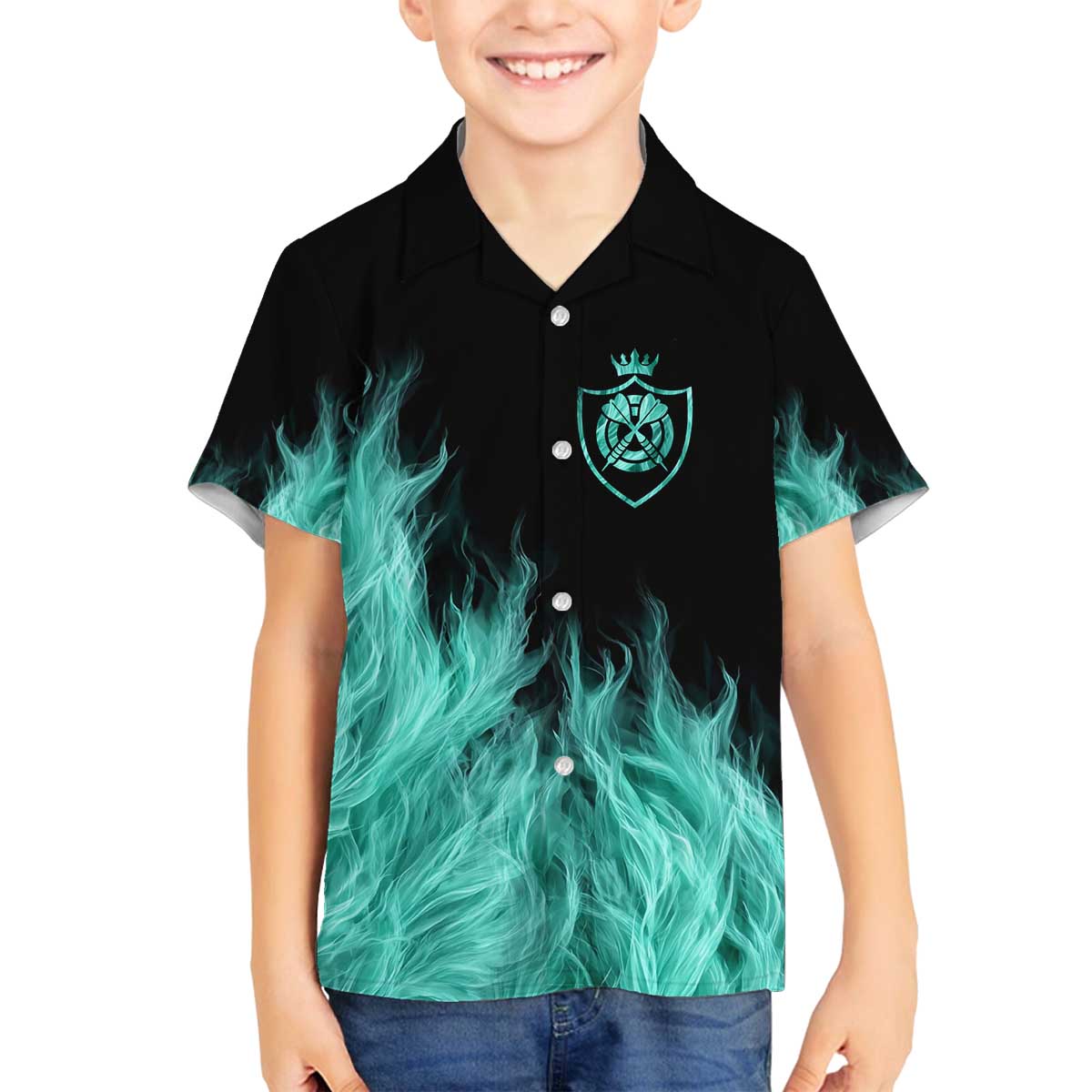 Darts Board Family Matching Off The Shoulder Long Sleeve Dress and Hawaiian Shirt with Flaming Green Smoke and Crest Emblem on Black Gradient Background - Wonder Print Shop
