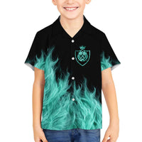 Darts Board Family Matching Off The Shoulder Long Sleeve Dress and Hawaiian Shirt with Flaming Green Smoke and Crest Emblem on Black Gradient Background - Wonder Print Shop