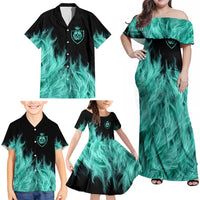 Darts Board Family Matching Off Shoulder Maxi Dress and Hawaiian Shirt with Flaming Green Smoke and Crest Emblem on Black Gradient Background - Wonder Print Shop