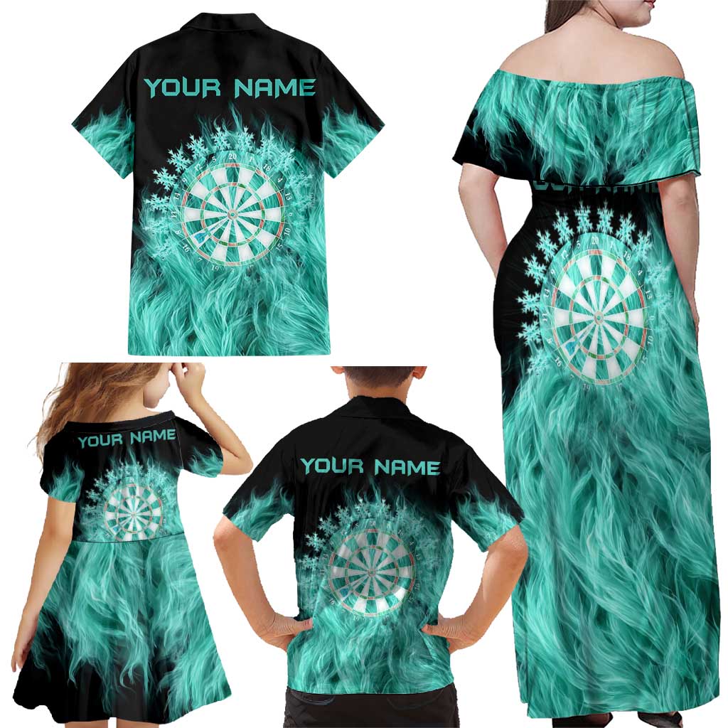 Darts Board Family Matching Off Shoulder Maxi Dress and Hawaiian Shirt with Flaming Green Smoke and Crest Emblem on Black Gradient Background - Wonder Print Shop