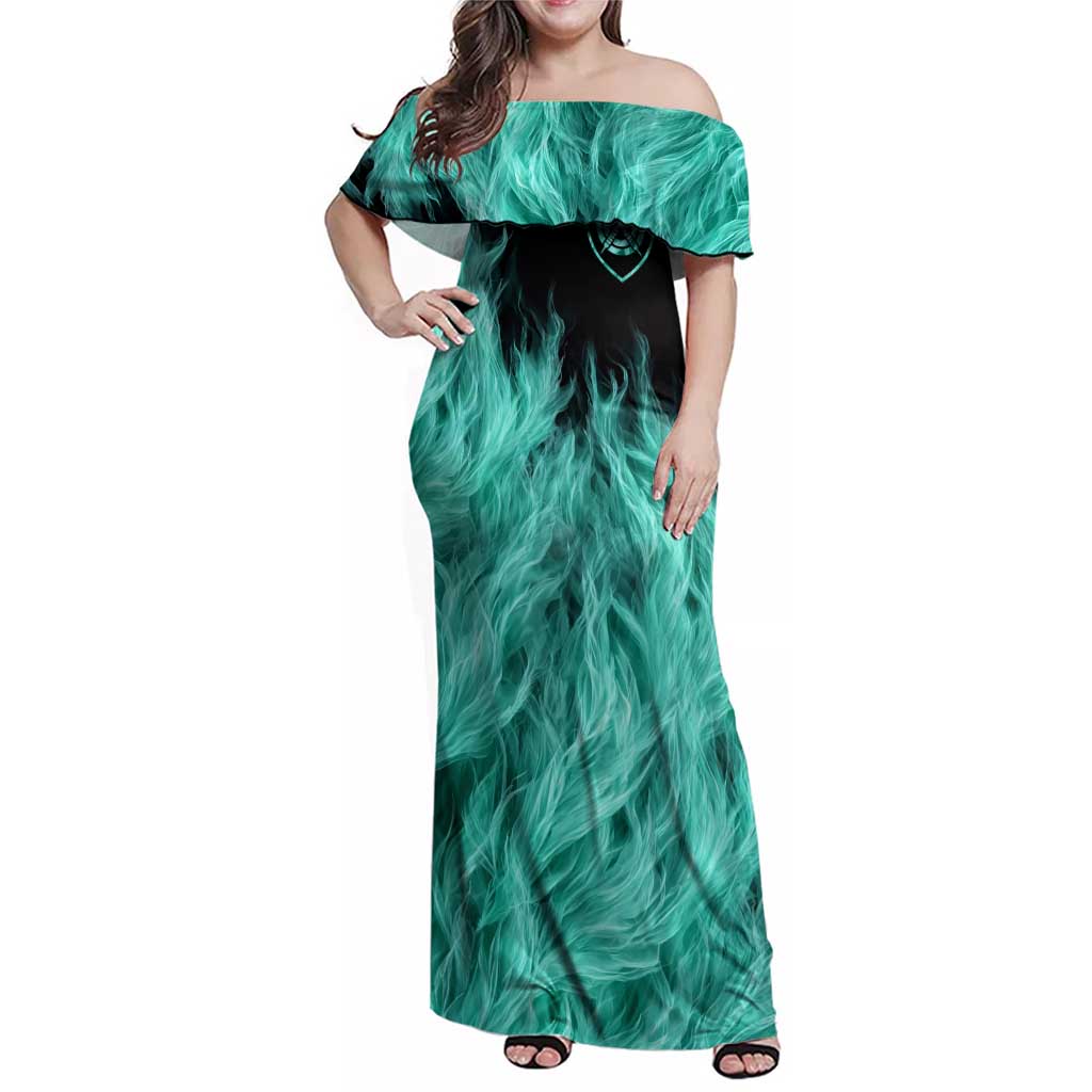 Darts Board Family Matching Off Shoulder Maxi Dress and Hawaiian Shirt with Flaming Green Smoke and Crest Emblem on Black Gradient Background - Wonder Print Shop