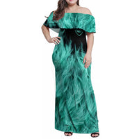 Darts Board Family Matching Off Shoulder Maxi Dress and Hawaiian Shirt with Flaming Green Smoke and Crest Emblem on Black Gradient Background - Wonder Print Shop