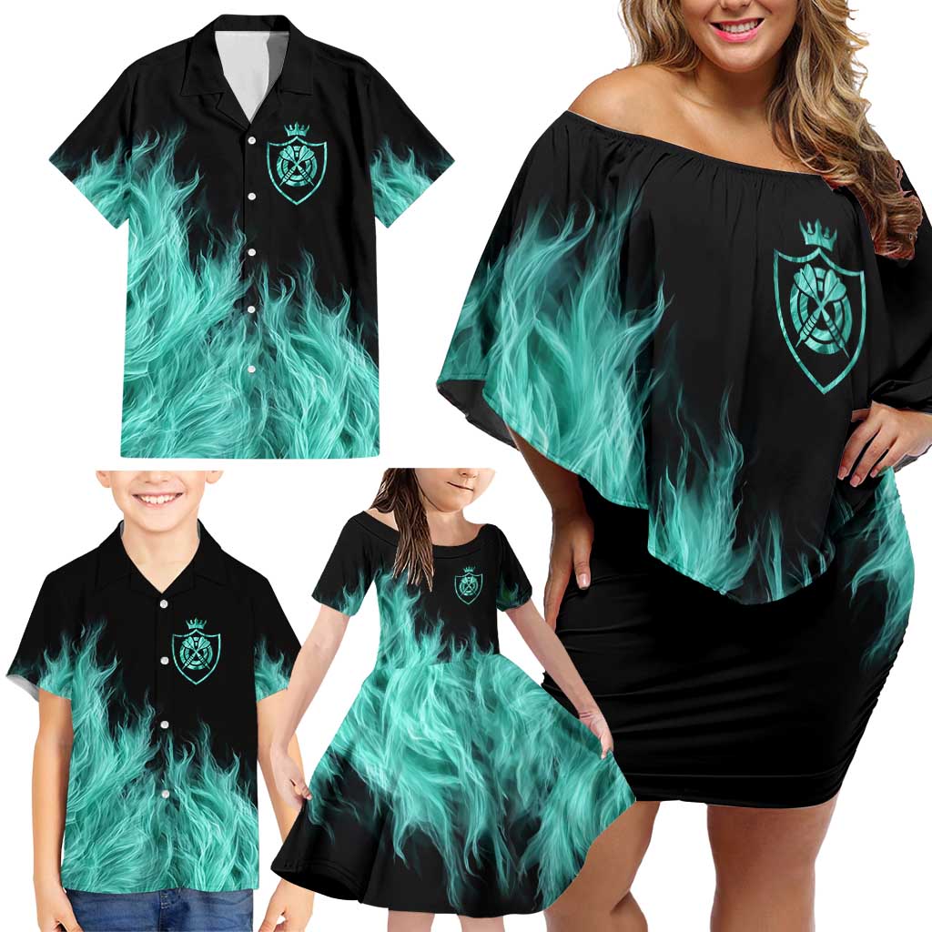 Darts Board Family Matching Off Shoulder Short Dress and Hawaiian Shirt with Flaming Green Smoke and Crest Emblem on Black Gradient Background - Wonder Print Shop