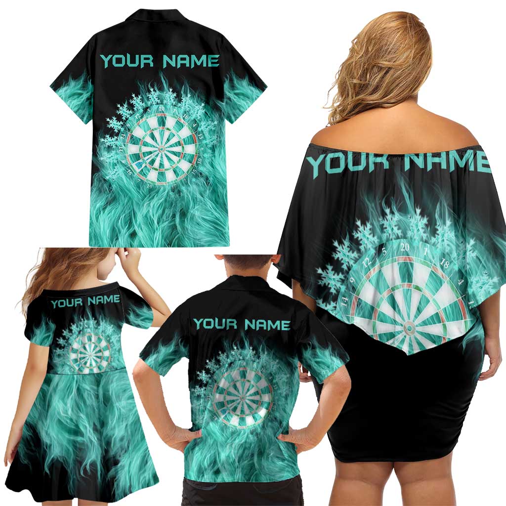 Darts Board Family Matching Off Shoulder Short Dress and Hawaiian Shirt with Flaming Green Smoke and Crest Emblem on Black Gradient Background - Wonder Print Shop