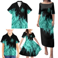 Darts Board Family Matching Puletasi and Hawaiian Shirt with Flaming Green Smoke and Crest Emblem on Black Gradient Background - Wonder Print Shop