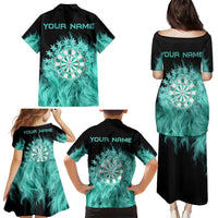 Darts Board Family Matching Puletasi and Hawaiian Shirt with Flaming Green Smoke and Crest Emblem on Black Gradient Background - Wonder Print Shop