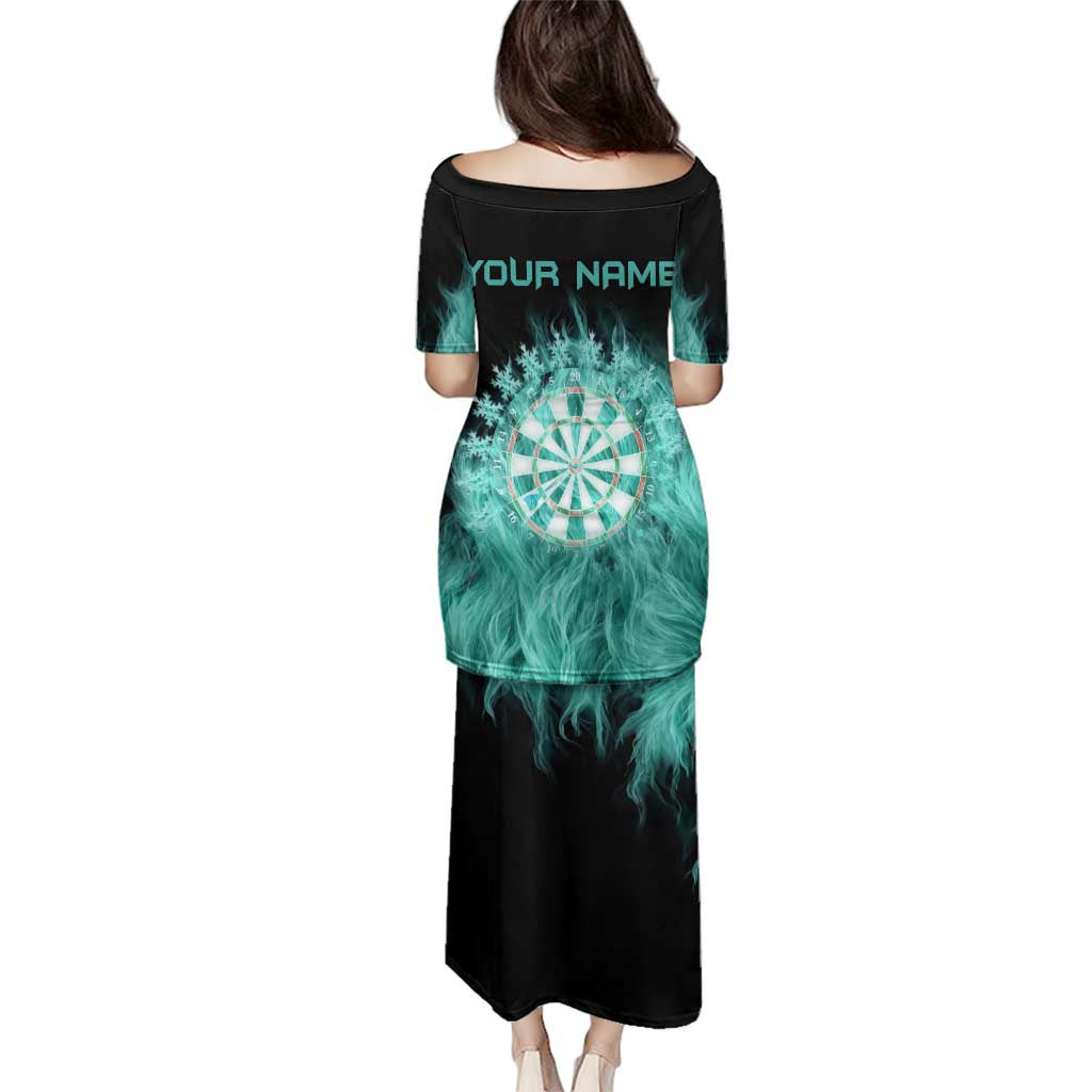 Darts Board Family Matching Puletasi and Hawaiian Shirt with Flaming Green Smoke and Crest Emblem on Black Gradient Background - Wonder Print Shop