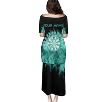 Darts Board Family Matching Puletasi and Hawaiian Shirt with Flaming Green Smoke and Crest Emblem on Black Gradient Background - Wonder Print Shop