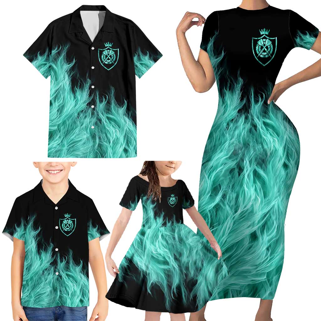 Darts Board Family Matching Short Sleeve Bodycon Dress and Hawaiian Shirt with Flaming Green Smoke and Crest Emblem on Black Gradient Background - Wonder Print Shop