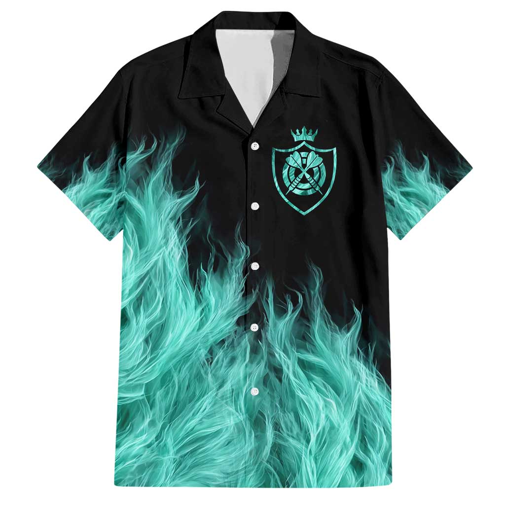 Darts Board Family Matching Short Sleeve Bodycon Dress and Hawaiian Shirt with Flaming Green Smoke and Crest Emblem on Black Gradient Background - Wonder Print Shop
