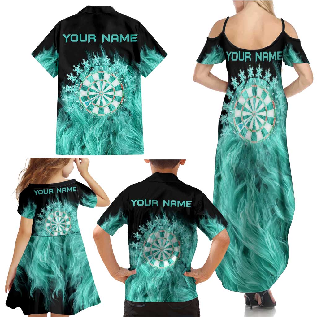 Darts Board Family Matching Summer Maxi Dress and Hawaiian Shirt with Flaming Green Smoke and Crest Emblem on Black Gradient Background - Wonder Print Shop