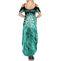 Darts Board Family Matching Summer Maxi Dress and Hawaiian Shirt with Flaming Green Smoke and Crest Emblem on Black Gradient Background - Wonder Print Shop