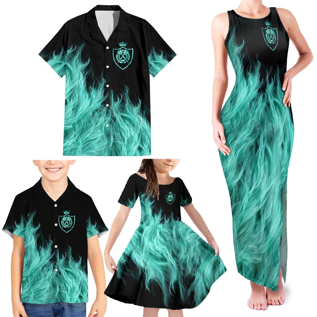 Darts Board Family Matching Tank Maxi Dress and Hawaiian Shirt with Flaming Green Smoke and Crest Emblem on Black Gradient Background - Wonder Print Shop