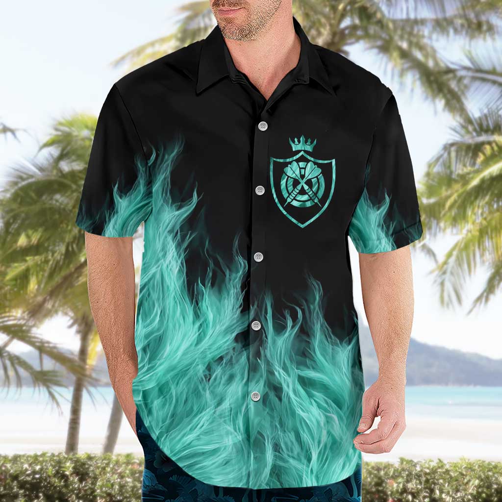 Darts Board Hawaiian Shirt with Flaming Green Smoke and Crest Emblem on Black Gradient Background - Wonder Print Shop