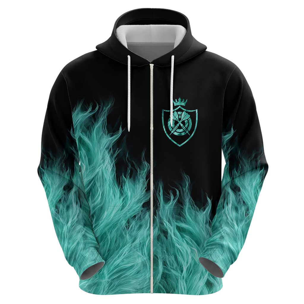 Darts Board Hoodie with Flaming Green Smoke and Crest Emblem on Black Gradient Background - Wonder Print Shop