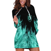 Darts Board Hoodie Dress with Flaming Green Smoke and Crest Emblem on Black Gradient Background - Wonder Print Shop